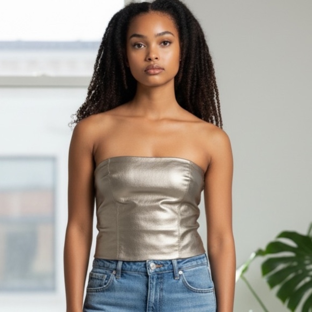 Metallic Gold Faux Leather Strapless Corset Tube Top‎ Structured Bustier Size M